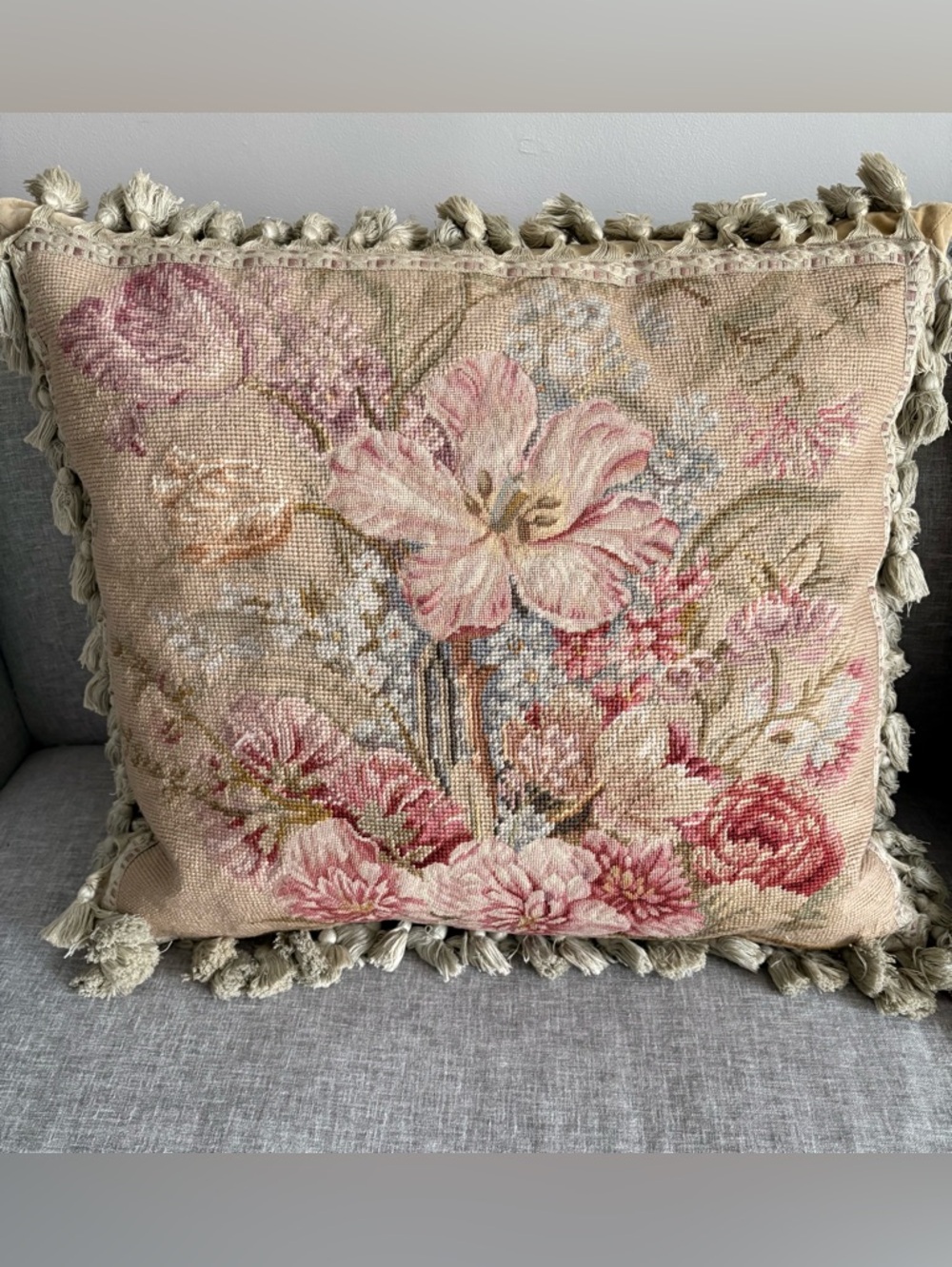 Vintage 21” French Woven Aubusson Pillow Tapestry Needlepoint Flowers
